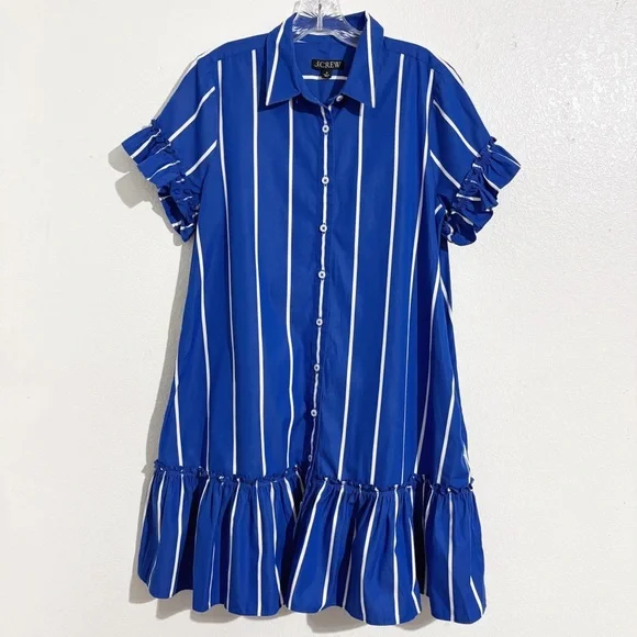 J. Crew Amelia Button Front Shirt-Dress in Stripe Cotton Poplin Blue & White - Picture 2 of 7